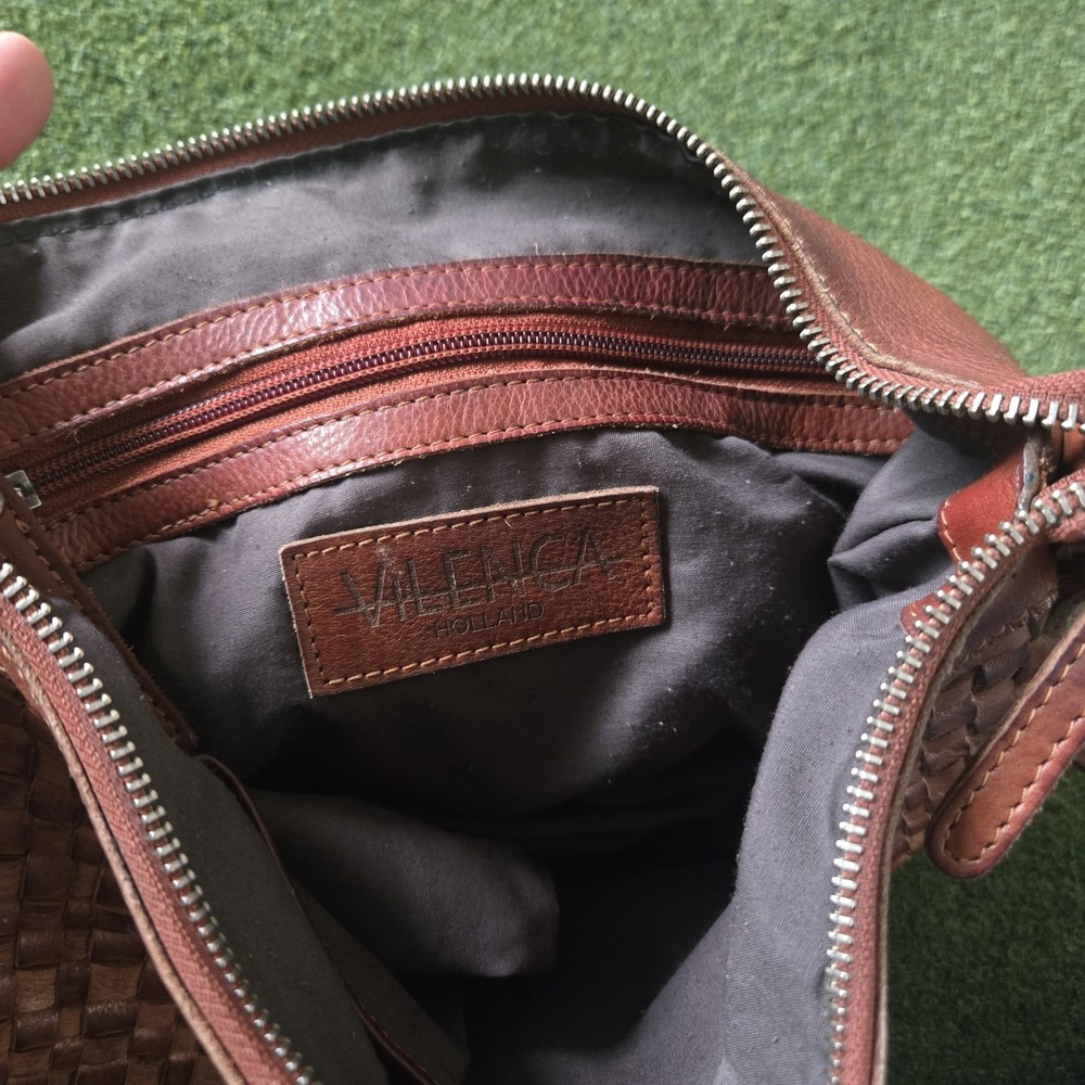 Vilenca Holland Woven Leather Cognac Purse Handbag Zip Close Adjustable Strap - Picture 4 of 11